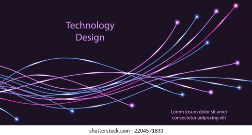 Fiber optic technology design. Swirl fibre line, electric impulses, neon glowing light effect. Purple and blue lines, dynamic movement. Cyber data communication banner background. Vector illustration