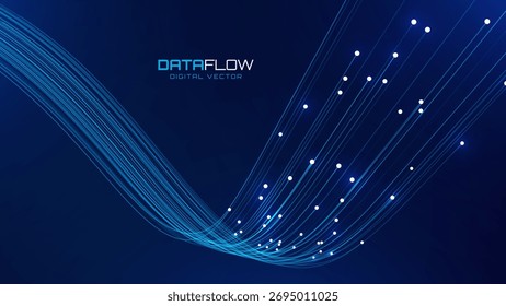 Fibra óptica, Tecnologia, Fluxo de Dados Técnicos e Conceito de Velocidade da Internet com Linhas Brilhantes no Fundo Azul Escuro. Rede Digital Futurista. Conceito de Ciência da Computação. Ilustração de vetor.
