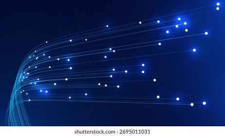 Fibra óptica, Tecnologia, Fluxo de Dados Técnicos e Conceito de Velocidade da Internet com Linhas Brilhantes no Fundo Azul Escuro. Rede Digital Futurista. Conceito de Ciência da Computação. Ilustração de vetor.

