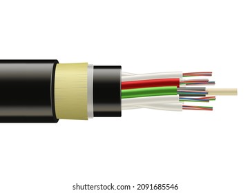 Cable fijo de fibra óptica, cable de Internet de banda ancha. Alambre de cobre eléctrico flexible y realistas para vectores en bobina. Cable de red opta, equipo de conexión aislado, 3d