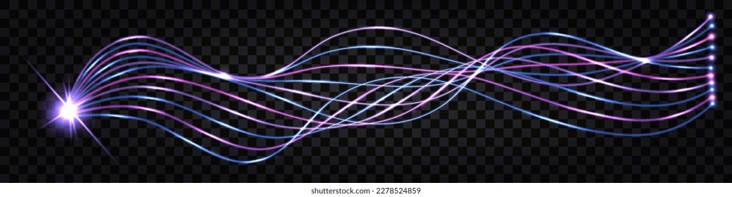Fiber optic wave, swirl fibre line, electric impulse cable. Neon glowing light effect, purple and blue  dynamic waves. Cyber data communication design, isolated on transparent background