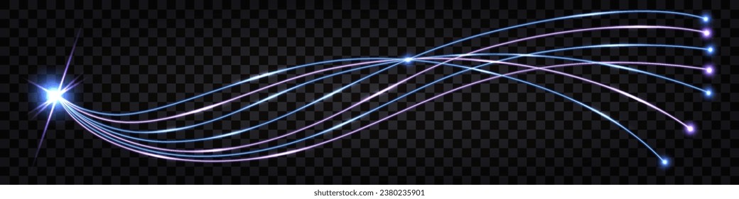 Fiber optic wave, swirl fibre line, electric impulse cable. Neon glowing light effect, purple and blue  dynamic waves. Cyber data communication design, isolated on transparent background