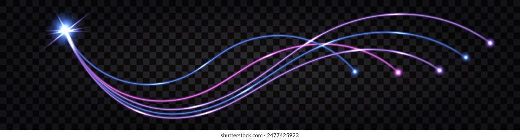 Fiber optic wave, swirl fibre line, electric impulse cable. Neon glowing light effect, purple and blue  dynamic waves. Cyber data communication design, isolated on transparent background