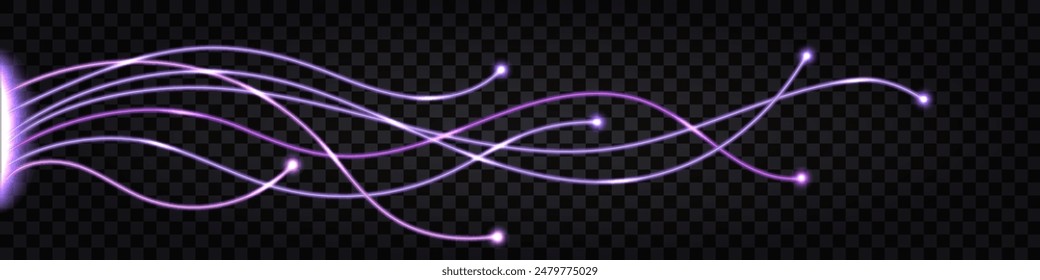 Fiber optic wave; swirl fibre line; purple neon glowing light effect, dynamic impulse waves. Cyber data banner design. element Isolated vector on transparent background