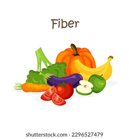 Fiber rich food. Healthy nutrition and wholesome products. Fruits, vegetables. Vector illustration in trendy flat style isolated on white background.