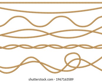 Fiber Ropes Realistic. Curve Nautical Rope Seamless Pattern, Cord Straight Lasso Decorative Borders Retro Collection, Marine Brown Jute Or Hemp Twine Ornament. Vector 3d Isolated Vintage Set