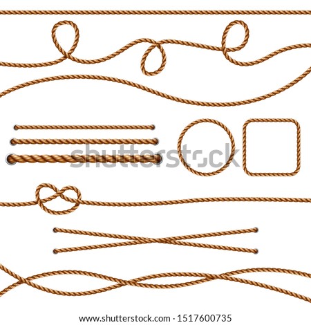 Fiber ropes. Straight brown realistic threads ropes crossing marine knots vector pictures