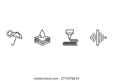 Fiber technology and textile innovation icon set featuring sun protection umbrella waterproof layered fabric industrial manufacturing and acoustic sound insulation materials.