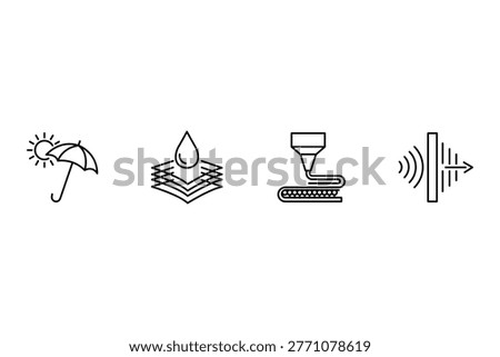 Fiber technology and textile innovation icon set featuring sun protection umbrella waterproof layered fabric industrial manufacturing and acoustic sound insulation materials.