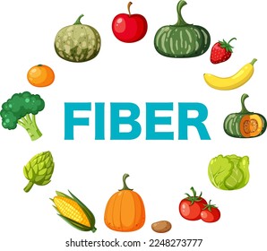 Fiber text around with vegetables and fruits illustration