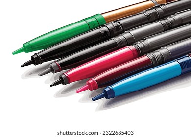 Fiber Tip set of pens pencils isolated vector art illustration on white background