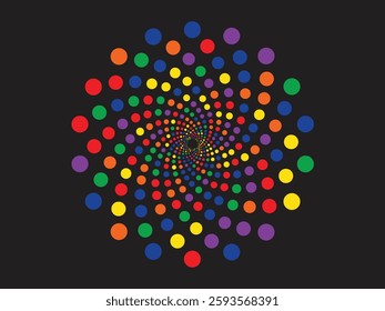 Fibonacci Dotted Spiral background. Swirl pattern dots on a black background. Abstract dotted spiral vortex.
