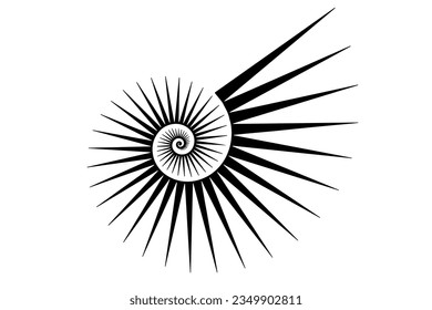 Fibonacci Golden ratio. Geometric shapes spiral. Snail spiral. Sea shell of black triangles. Sacred logo template. Vector isolated on white background