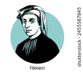 Fibonacci, (Leonardo of Pisa) was the first major mathematician of medieval Europe. Hand-drawn vector illustration