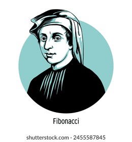 Fibonacci, (Leonardo of Pisa) was the first major mathematician of medieval Europe. Hand-drawn vector illustration