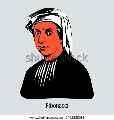 Fibonacci - Leonardo of Pisa was the first major mathematician of medieval Europe. Hand drawn vector illustration