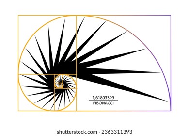 Fibonacci number sequence. Golden ratio. Geometric shapes spiral. Snail spiral. Sea shell of black triangles. Sacred geometry logo template. Logarithmic sequences. Vector isolated on white background