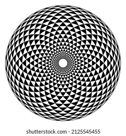 Fibonacci pattern, black and white triangle checkered circle, formed by arcs, arranged in spiral form, crossed by circles, creating bend triangles, like the geometrical arrangement of sunflower seeds.