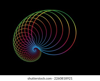 Fibonacci Sequence Circle. Geometric shapes spiral. Sea shell of colorful circles. Sacred geometry logo template. Logarithmic sequences, golden ratio, snail spiral. Vector isolated on black background