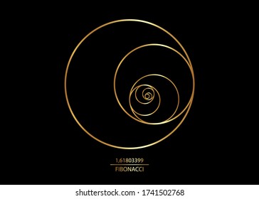 Fibonacci Sequence Circle. Golden ratio. Geometric shapes spiral. Circles in golden proportion. Futuristic minimalist fashion design. Luxury gold Logo. Vector icon isolate on black background 