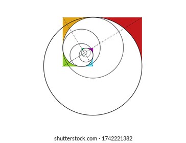 Círculo de secuencia de Fibonacci. Relación de oro. Las formas geométricas espirales. Círculos en proporción dorada. Diseño de moda futurista y minimalista colorido. Logotipo. Aislamiento de iconos vectoriales en fondo blanco 