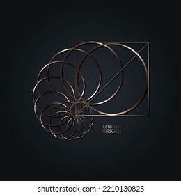 Fibonacci Sequence Circle. Golden Ratio. Geometric Shapes Spiral. Snail Spiral. Sea Shell Of Metallic Circles. Sacred Geometry Logo Template. Logarithmic Sequences. Vector Isolated On Black Background