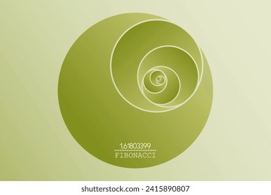 Fibonacci Sequence Circle. Golden ratio. 3D Geometric shapes spiral. Green gradient Circles in golden proportion, minimalist design. Vector circular Logo icon isolated on light green background