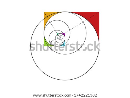 Fibonacci Sequence Circle. Golden ratio. Geometric shapes spiral. Circles in golden proportion. Colorful Futuristic minimalist fashion design. Logo. Vector icon isolate on white background 