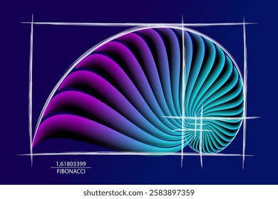 Fibonacci Sequence Golden ratio, geometric shapes spiral. Colorful Snail spiral. Sea shell of white circles. Sacred geometry logo template. Vector isolated on blue background