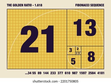 Fibonacci sequence and golden ration poster. Educational print for creatives. Vector.