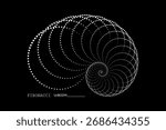Fibonacci Sequence Spiral. Golden ratio. Geometric shapes Circles dots in golden proportion.  Minimalist snail shell form, Nautilus shell logo design. Vector icon isolated on black background 