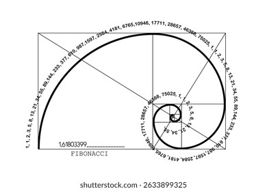 Fibonacci Sequence Spiral. Golden ratio. Geometric shapes Circles in golden proportion. Futuristic minimalist fashion design. Logo. Vector icon isolate on white background 