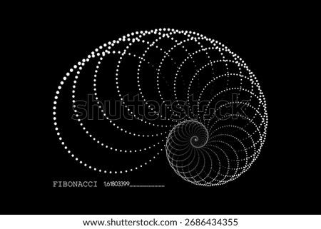 Fibonacci Sequence Spiral. Golden ratio. Geometric shapes Circles dots in golden proportion.  Minimalist snail shell form, Nautilus shell logo design. Vector icon isolated on black background 