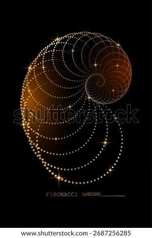 Fibonacci Sequence Spiral. Golden ratio. Geometric shapes Circles dots in golden proportion.  Minimalist snail shell form, Nautilus shell logo design. Gold vector icon isolated on black background 