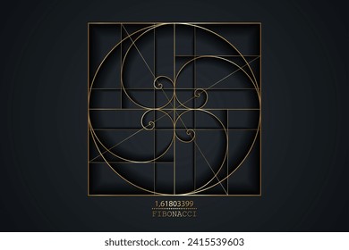 Fibonacci Sequence Spirals. Goldenes Verhältnis. Goldene geometrische Formen spiralförmig in goldenem Proportionalismus, minimalistisches Linien Kunst Luxus Design. Vektorkreiszeichen-Symbol einzeln auf schwarzem Hintergrund