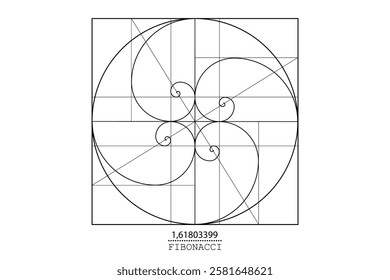 Fibonacci Sequence Spirals. Golden ratio. Geometric shapes spiral in golden proportion, minimalist line art design. Vector circular Logo icon isolated on white background