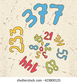 Fibonacci series numbers hand drawn. Vector illustration for mathematical function, golden ratio, proportion, logarithmic growth