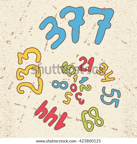 Fibonacci series numbers hand drawn. Vector illustration for mathematical function, golden ratio, proportion, logarithmic growth