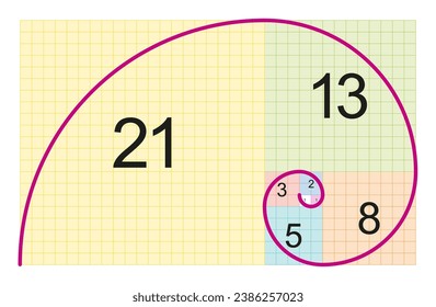 Fibonacci spiral and approximation of the golden spiral. Circular arcs connecting the opposite corners of squares in the tiling with squares, whose side lengths are successive Fibonacci numbers.