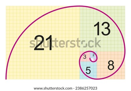 Fibonacci spiral and approximation of the golden spiral. Circular arcs connecting the opposite corners of squares in the tiling with squares, whose side lengths are successive Fibonacci numbers.