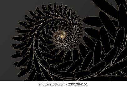 Fibonacci spiral background. Abstract black and gold Nautilus Fibonacci pattern template, golden luxury vector illustration on gray background