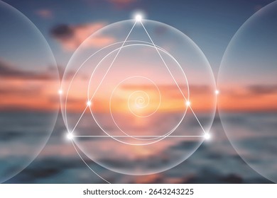 Fibonacci spiral, golden ratio, interlocking circles, triangles and spirals, hipster sacred geometry illustration, vector white lines neon isolated on sunset sea background