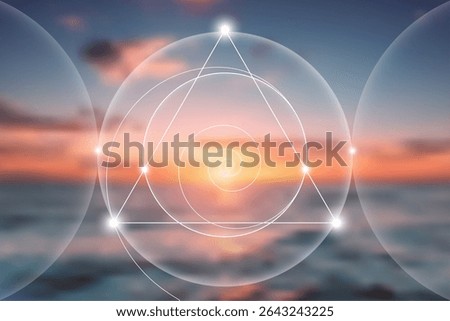 Fibonacci spiral, golden ratio, interlocking circles, triangles and spirals, hipster sacred geometry illustration, vector white lines neon isolated on sunset sea background