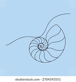 Fibonacci spiral nautilus shell line art light blue seashell