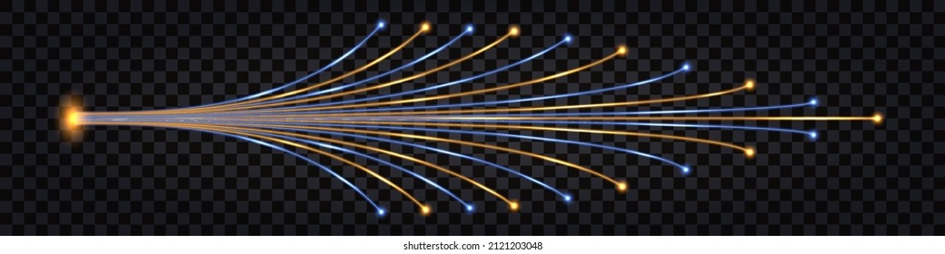 Fibre optic technology. Blue and yellow fiber cable lines with neon glowing light effect. Techno design elemnt, connection and communication, digital design element. Vector illustration