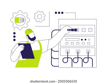 Fibre-optic communication systems abstract concept vector illustration. Professional technician installs fibre optic communication system, physics sector, electronics industry abstract metaphor.