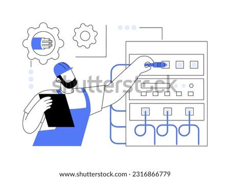 Fibre-optic communication systems abstract concept vector illustration. Professional technician installs fibre optic communication system, physics sector, electronics industry abstract metaphor.