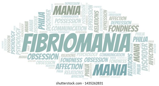 Fibriomania word cloud. Type of mania, made with text only.