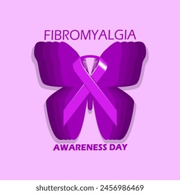 Fibromyalgia Awareness Day event banner. A purple ribbon with purple butterflies on light purple background to commemorate on May 12th