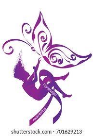 Fibromyalgia awareness. Purple  silhouette of a falling woman with purple awareness ribbon and butterfly - symbol of fibromyalgia, chronic pain and chronic fatigue syndrome, broken dreams